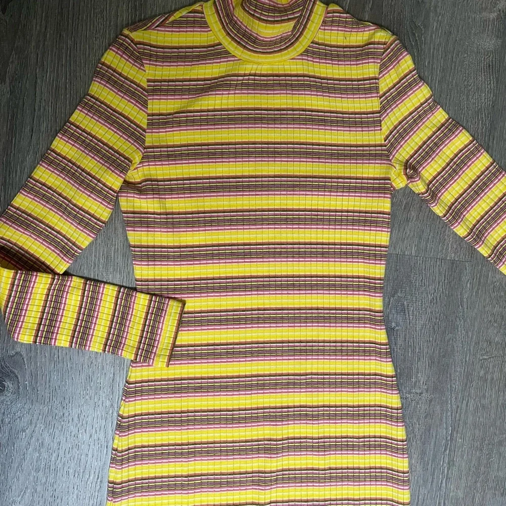 STAUD Yellow and Brown Striped Ribbed Turtleneck Midi Dress - Picture 4 of 5